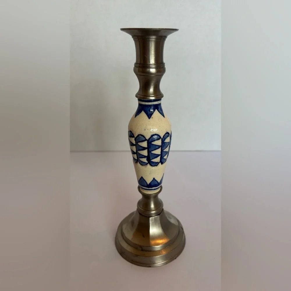 Vintage Blue & Cream Ceramic & Pewter Candlestick